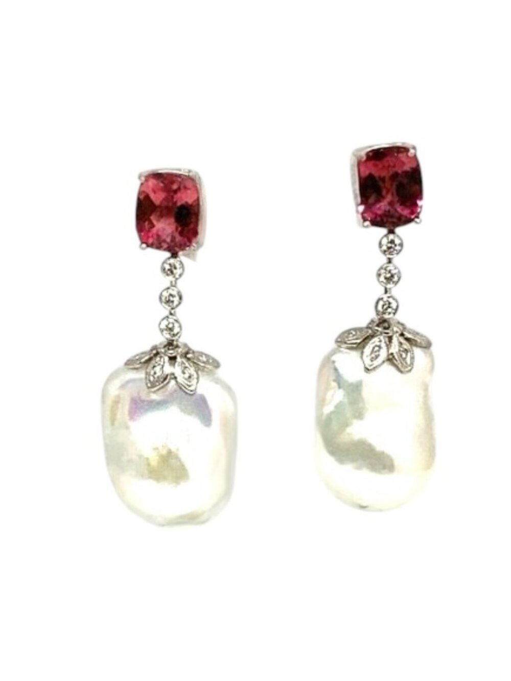 Diamond Rubellite Tourmaline Pearl Earrings 14k Gold 6.25 TCW Certified 920746